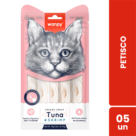 Petisco Para Gatos Wanpy Creamy Sabor Atum E Camarão Sachê Com 5 Unidades