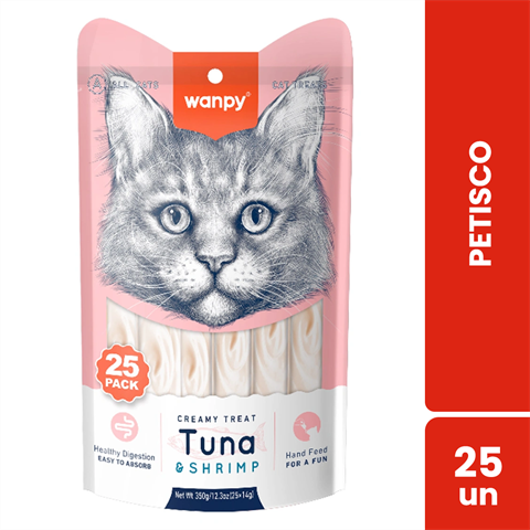 Petisco Para Gatos Wanpy Creamy Sabor Atum E Camarão Saco Com 25 Unidades