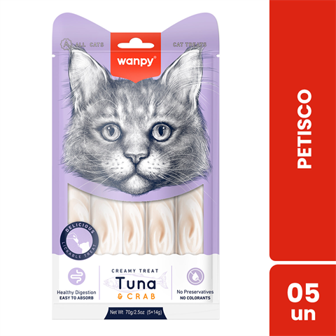 Petisco Para Gatos Wanpy Creamy Sabor Atum E Caranguejo Sachê Com 5 Unidades