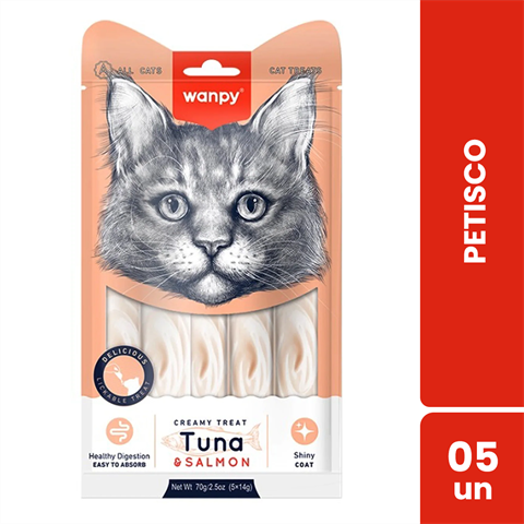 Petisco Para Gatos Wanpy Creamy Sabor Atum E Salmão Sachê Com 5 Unidades