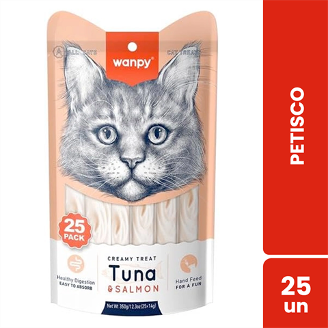 Petisco Para Gatos Wanpy Creamy Sabor Atum E Salmão Saco Com 25 Unidades