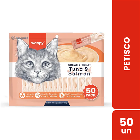 Petisco Para Gatos Wanpy Creamy Sabor Atum E Salmão Saco Com 50 Unidades