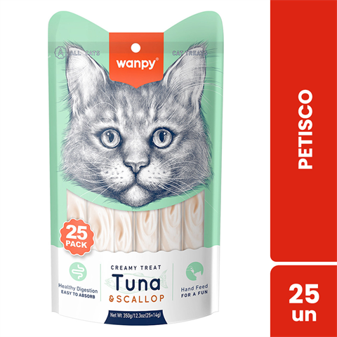 Petisco Para Gatos Wanpy Creamy Sabor Atum E Vieira Saco Com 25 Unidades