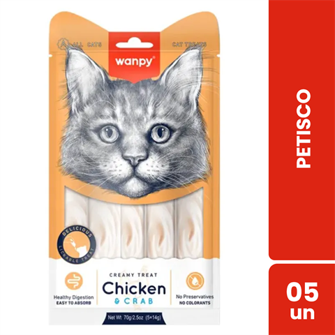 Petisco Para Gatos Wanpy Creamy Sabor Frango E Caranguejo Sachê Com 5 Unidades