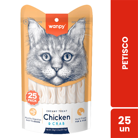 Petisco Para Gatos Wanpy Creamy Sabor Frango E Caranguejo Saco Com 25 Unidades