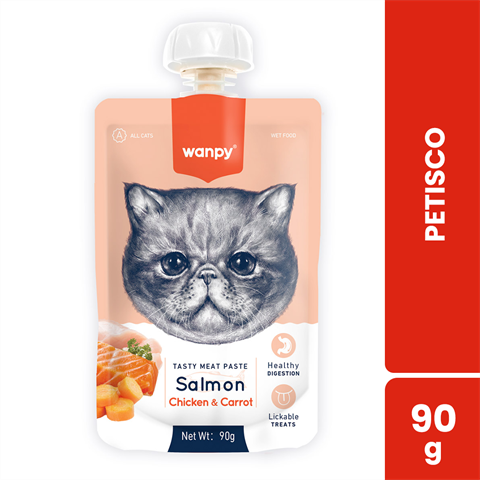 Petisco Para Gatos Wanpy Creamy Sabor Salmão, Frango E Cenoura Sachê Com 90g