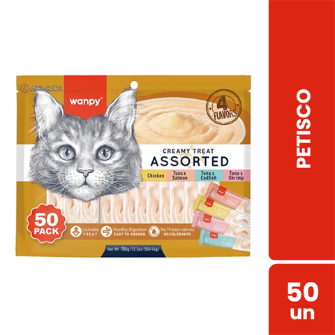 Petisco Para Gatos Wanpy Creamy Sabores Sortidos Saco Com 50 Unidades