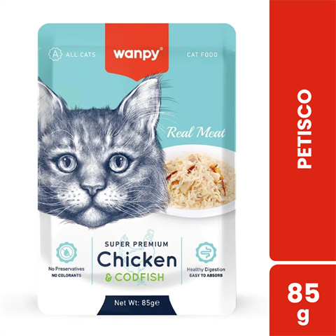 Petisco Para Gatos Wanpy Super Premium Sabor Frango E Bacalhau Sachê Com 85g