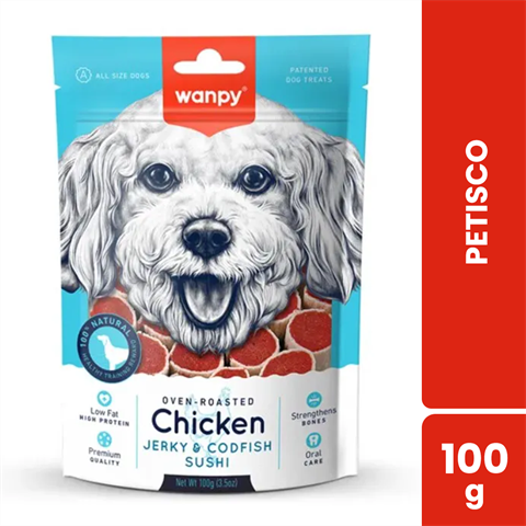 Petisco Para Cães Wanpy Oven-Roasted Sushi Sabor Frango E Bacalhau Com 100g