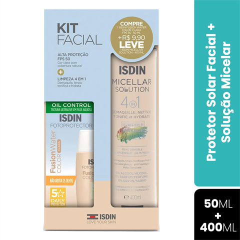 Kit Facial Isdin Protetor Solar Fusion Water FPS60 Cor Clara 50ml + Micellar Solution 4 Em 1 400ml