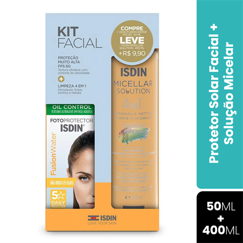 Kit Facial Isdin Protetor Solar Fusion Water FPS60 50ml + Micellar Solution 4 Em 1 400ml