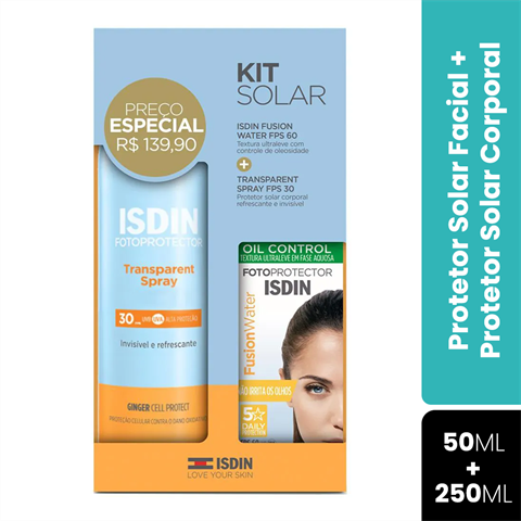 Kit Solar Isdin Protetor Solar Fusion Water FPS60 50ml + Transparent Spray FPS30 250ml