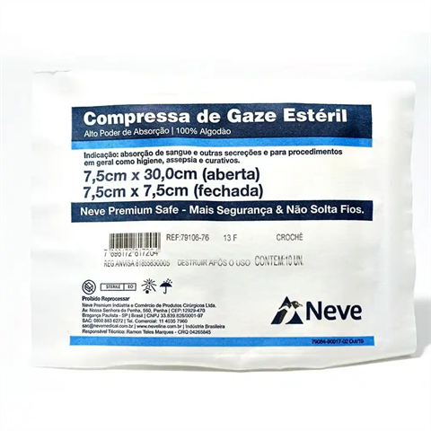 Compressa De Gaze Estéril Neve Cremer 13 Fios 7,5X7,5cm Com 10 Unidades