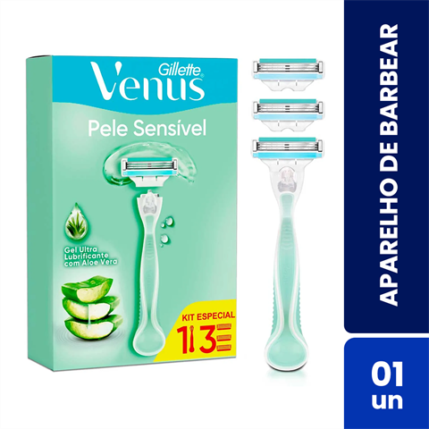 Kit Aparelho De Barbear Gillette Venus Pele Sensível Com 1 Cabo + 3 Cargas