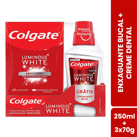 Kit Colgate Luminous White Com 3 Unidades De Creme Dental 70g + Enxaguante Bucal 250ml