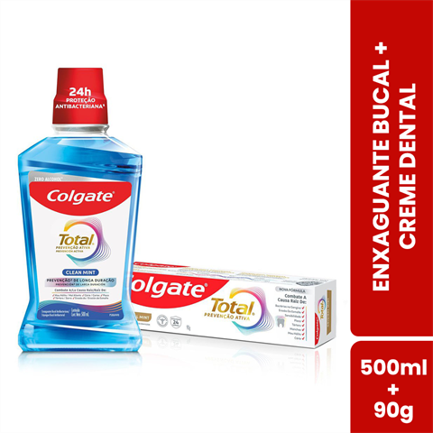 Kit Colgate Total Prevenção Ativa Enxaguante Bucal Clean Mint 500ml + Creme Dental Original Mint 90g