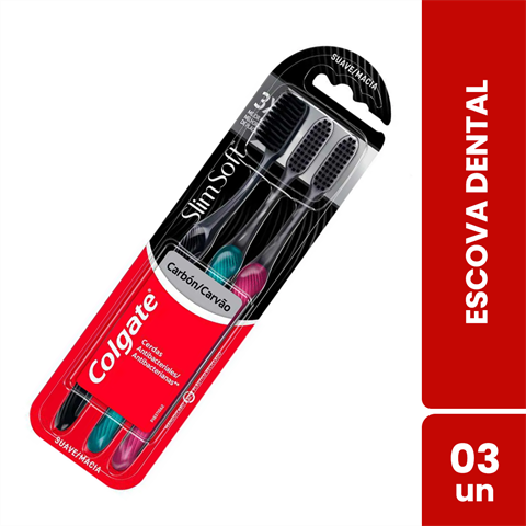 Pack Escova Dental Colgate Slim Soft Carvão Macia Com 3 Unidades