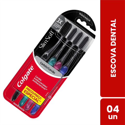 Pack Escova Dental Colgate Slim Soft Carvão Macia Com 4 Unidades