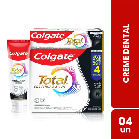 Pack Creme Dental Colgate Total Prevenção Ativa Carvão Ativado 90g Com 4 Unidades