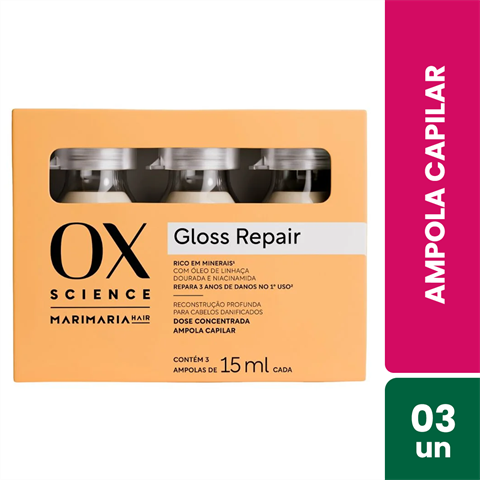 Ampola Capilar Dose Concentrada OX Science Mari Maria Gloss Repair Com 3 Unidades De 15ml