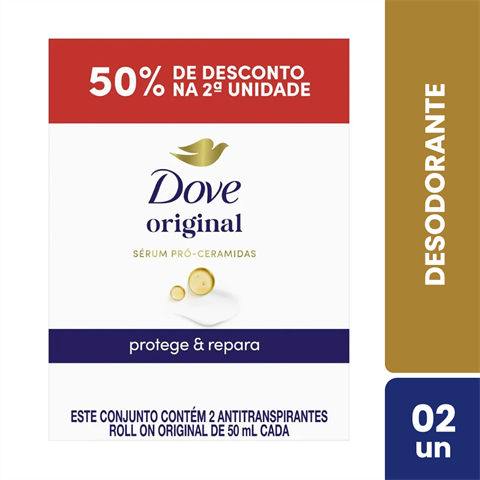 Kit Desodorante Antitranspirante Dove Roll-On Original Com 2 Unidades De 50ml