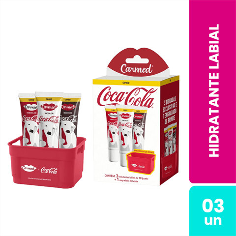 Kit Hidratante Labial Carmed Coca-Cola Incolor, Vermelho E Marrom Com 10g Cada + Engradado