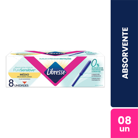 Absorvente Interno Libresse Pure Sensitive Médio Fluxo Moderado Com Aplicador Longo Com 8 Unidades