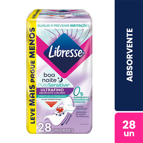 Absorvente Libresse Noturno Pure Sensitive Ultrafino Fluxo Superintenso Cobertura Suave Com Abas Com