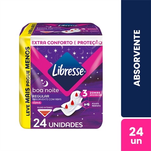 Absorvente Libresse Noturno Regular Fluxo Intenso Cobertura Suave Com Abas 24 Unidades