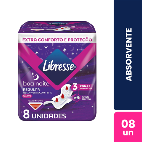 Absorvente Libresse Noturno Regular Fluxo Intenso Cobertura Suave Com Abas 8 Unidades
