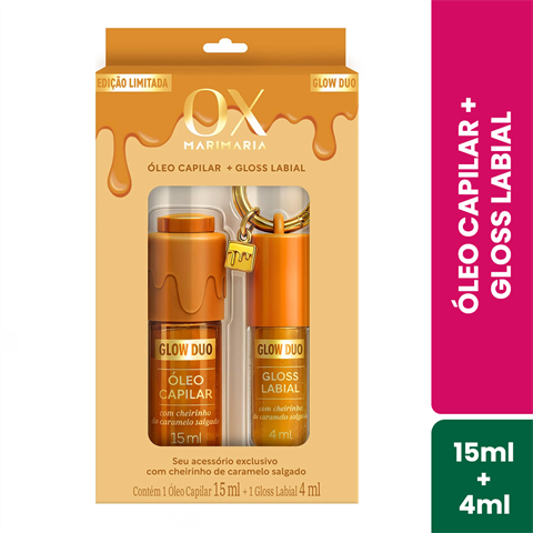 Kit OX Glow Duo Mari Maria Caramelo Salgado Óleo Capilar 15ml + Gloss Labial 4ml