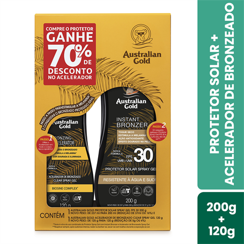 Kit Australian Gold Spray Gel Protetor Solar FPS30 200g + Acelerador De Bronzeado 120g