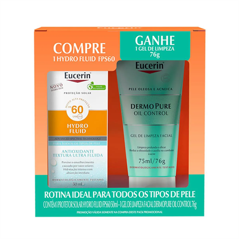 Kit Eucerin Protetor Solar Facial Hydro Fluid FPS 60 50ml + Gel De Limpeza Dermo Pure 75ml
