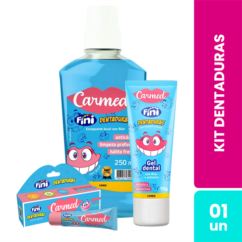 Kit Carmed Fini Dentaduras Gel Dental 70g + Enxaguante Bucal 250ml + Hidratante Labial 10g