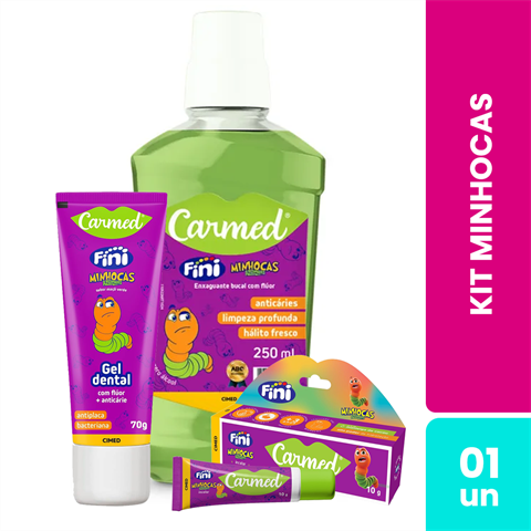 Kit Carmed Fini Minhocas Gel Dental 70g + Enxaguante Bucal 250ml + Hidratante Labial 10g