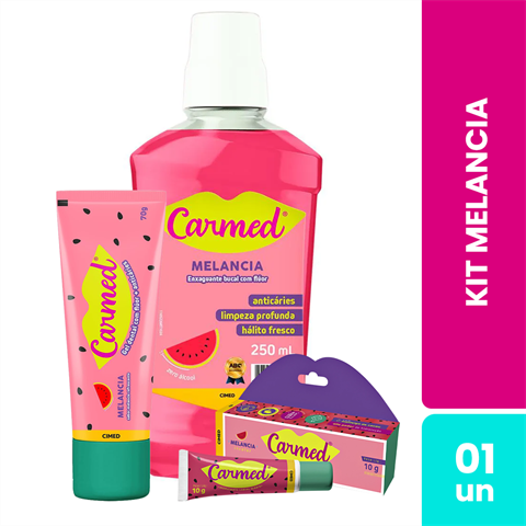 Kit Carmed Melancia Gel Dental 70g + Enxaguante Bucal 250ml + Hidratante Labial 10g