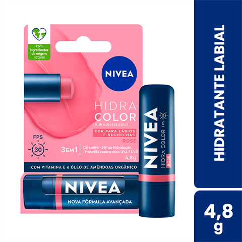Hidratante Labial Nivea Hidra Color Rosé FPS30 Com 4,8g
