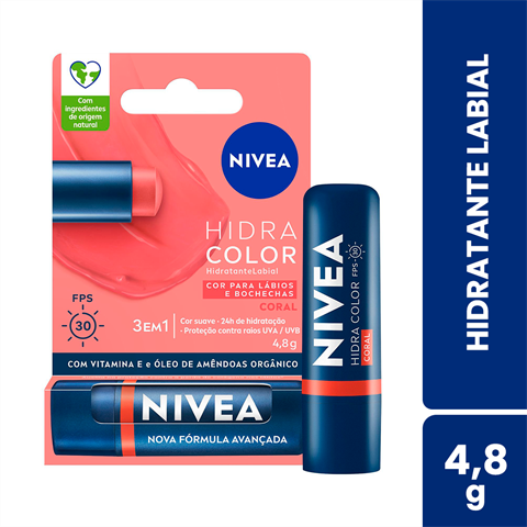 Hidratante Labial Nivea Hidra Color Coral FPS30 Com 4,8g