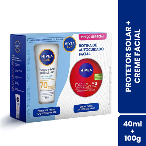 Kit Protetor Solar Facial Nivea Sun Antissinais FPS70 Mais Creme Antissinais 100g Com Desconto