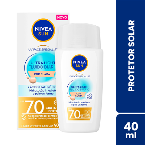 Protetor Solar Facial Nivea Sun Ultra Light Fluido Diário FPS70 Cor Clara Com 40ml