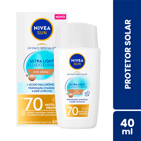 Protetor Solar Facial Nivea Sun Ultra Light Fluido Diário FPS70 Cor Média Com 40ml
