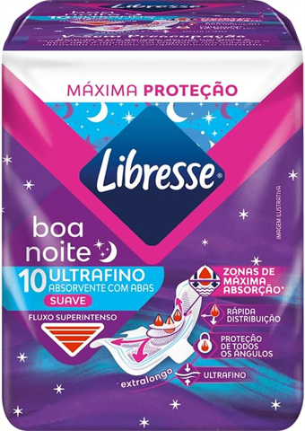 Absorvente Noturno Libresse Ultrafino Boa Noite Suave Fluxo Superintenso Com Abas Com 10 Unidades