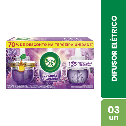 Pack Refil Difusor Elétrico Bom Ar Lavanda & Gerânio 16ml Com 70% De Desconto No 3º Refil