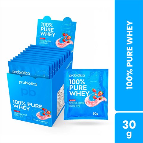 100% Pure Whey Probiótica Monodose Sabor Morango Com 10 Unidades De 30g