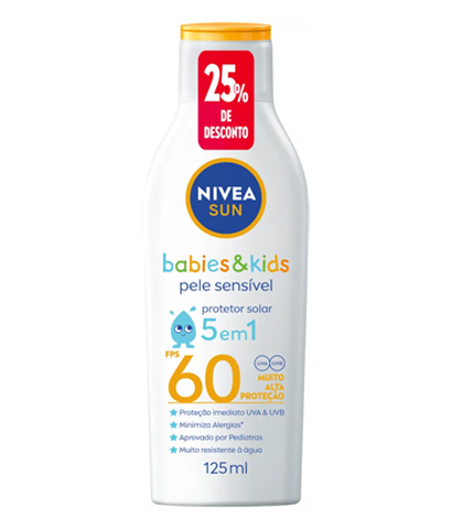 Protetor Solar Nivea Sun Babies & Kids Pele Sensível FPS60 25% De Desconto Com 125ml