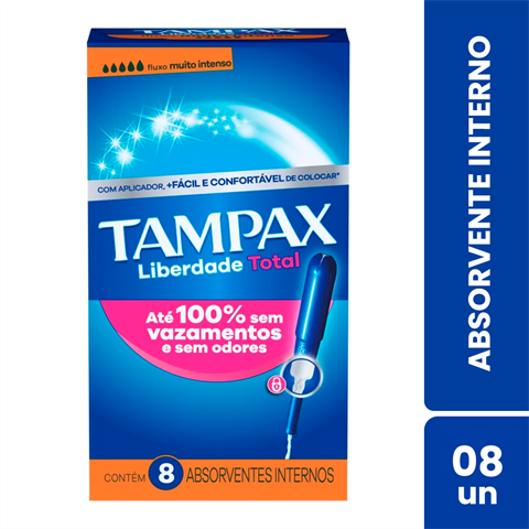 Absorvente Interno Tampax Liberdade Total Fluxo Muito Intenso Com 8 Unidades