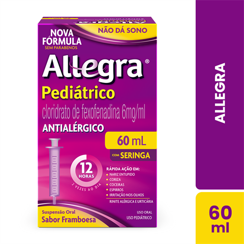 Antialérgico Allegra Pediátrico 6mg/ml Suspensão Oral Sabor Framboesa Com 60ml Com Seringa