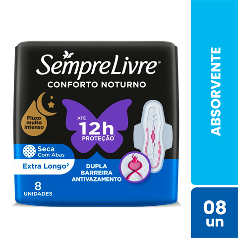 Absorvente Sempre Livre Conforto Noturno Cobertura Seca Com Abas Com 8 Unidades