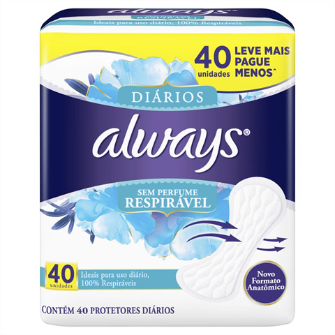 Protetor Diário Always Respirável Sem Abas Sem Perfume Com 40 Unidades