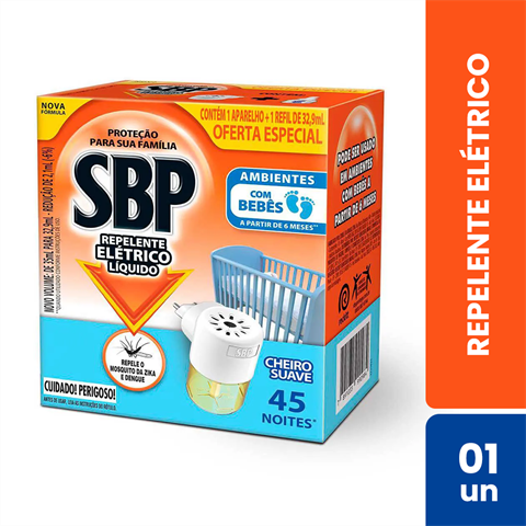 Repelente Elétrico Líquido SBP 45 Noites Cheiro Suave Aparelho + Refil Com 35ml